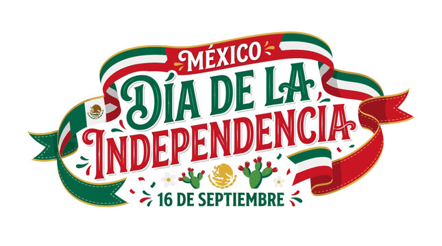 Mexican Independence Day Festive Banner with Ribbon and Cactus