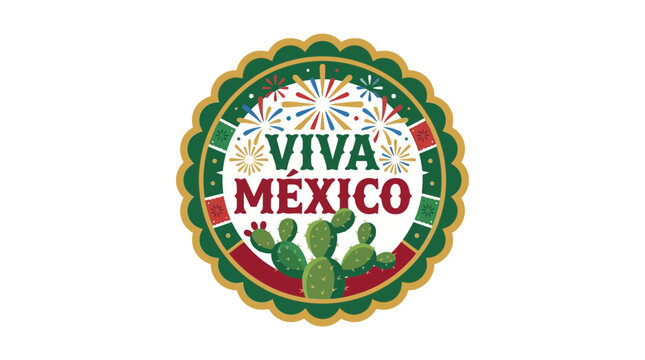 Viva Mexico festive celebration badge with cactus and fireworks