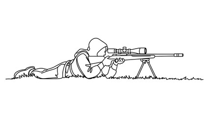 Continuous line drawing of a sniper soldier lying down on the ground aiming with a long range rifle with a scope in a tactical position for military or hunting action © Dulal