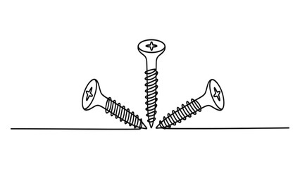 Three metal screws standing upright and angled on a flat surface as a simple black and white line art illustration © Dulal