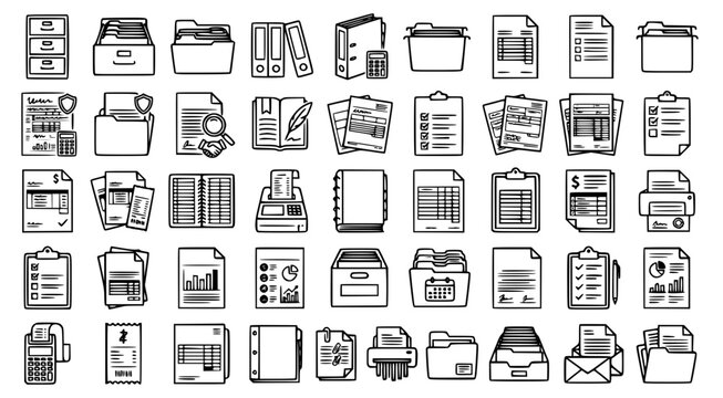 Extensive archive of business filing and document management icons featuring folders ledgers and office paperwork in a clean hand drawn vector style for digital organization and archive management