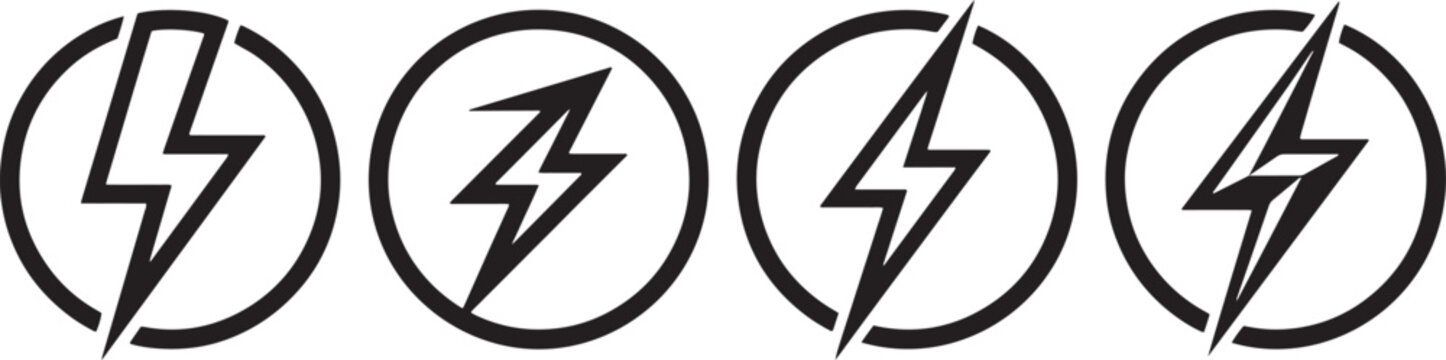 Set of lightning bolt icons in circles, electrical power symbols, vector illustration