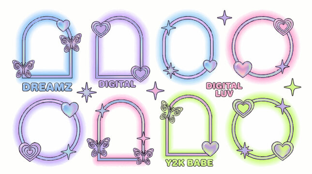Set of y2k aesthetic frames with hearts butterflies and glowing neon elements for creative digital design projects