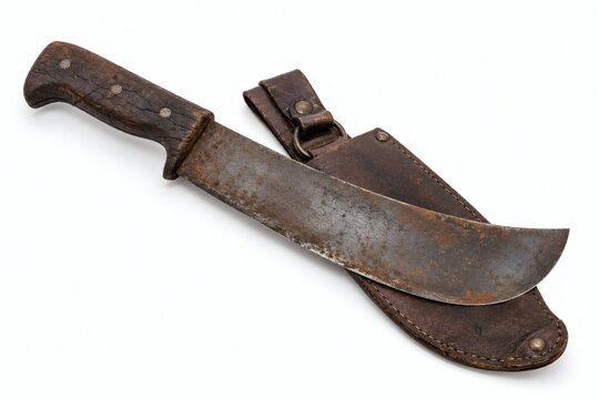 Vintage weathered machete with a dark wooden handle and leather sheath placed on white background
