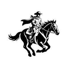 Naklejka premium Bold Black Cowboy Riding Galloping Horse Holding Stick Across Wild Western Landscape Vector