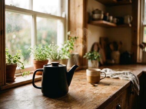 Warm kitchen ambiance featuring a steaming teapot and mug on a rustic wooden countertop, bathed in natural light from a window, creating a cozy domestic scene