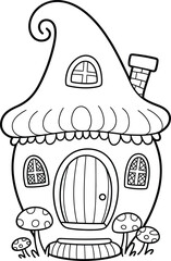 Obraz premium Whimsical fantasy fairy house with mushroom garden coloring page art.