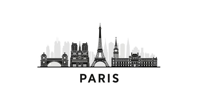 Paris cityscape silhouette on white background, iconic landmarks