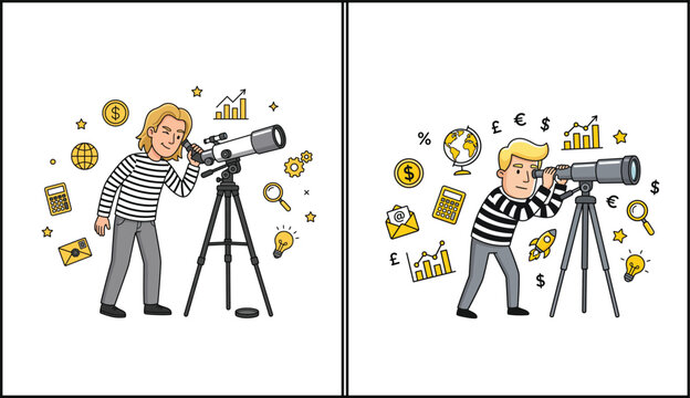 Two comparative presentation panel scenes showcasing characters operating telescope tools outdoors