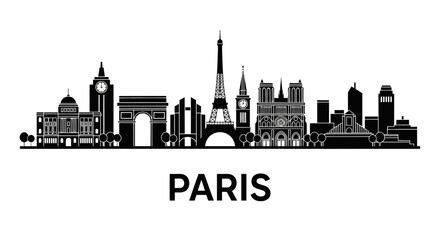 Obraz premium Paris skyline silhouette illustration, famous landmark buildings in black.
