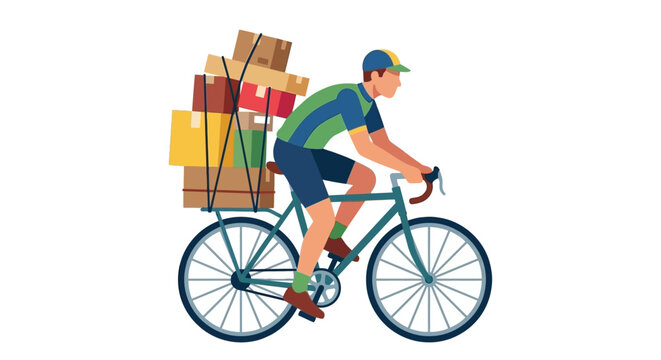 Delivery cyclist carrying stacked boxes on bicycle.
