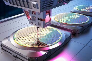 Plakat Robotic arms with silicon wafers for semiconductor manufacturing