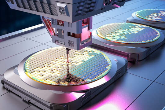 Robotic arms with silicon wafers for semiconductor manufacturing