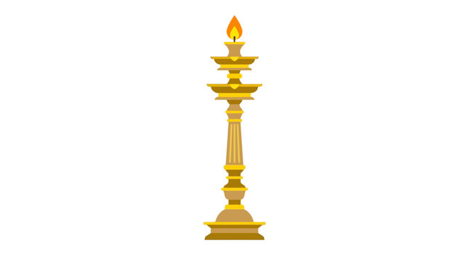 Ornate golden traditional oil lamp with flame.