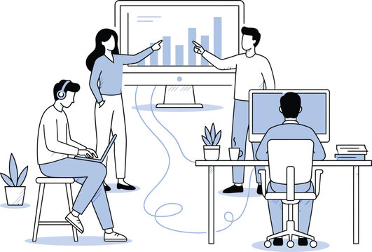 Corporate teamwork concept template with professional colleagues reviewing strategy data on screen board
