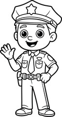 Fototapeta premium Police officer waving hand wearing uniform and badge line art coloring page.