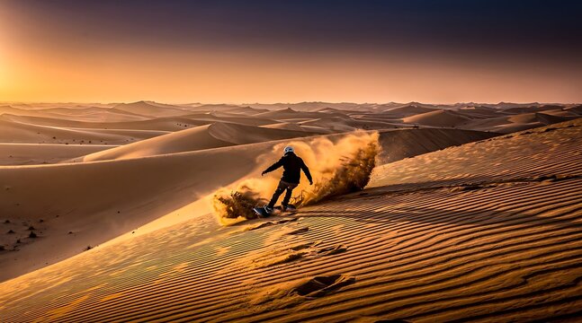 A man sandboarding down a golden desert dune at sunset.