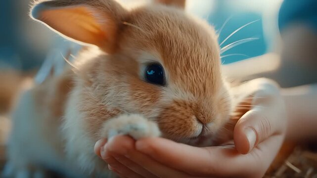 Small fluffy ginger bunny sitting in hands