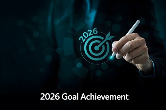 2026 business goal and target strategy concept with businessman using digital pen to highlight dartboard icon, symbolizing planning, vision, precision, and achievement of future objectives