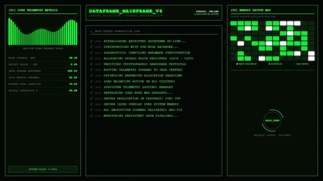 Data frame Mainframe Telemetry Metrics Memory Sector Dashboard Animation Green Cyber Loop.