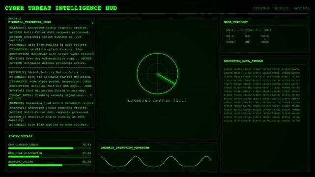 Cyber Threat Intelligence HUD Firewall Defense Radar Dashboard Animation Green Loop.
