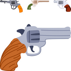 Fototapeta premium Various types of handguns and revolvers depicted in a flat vector illustration, representing concepts of security, protection, and historical firearms