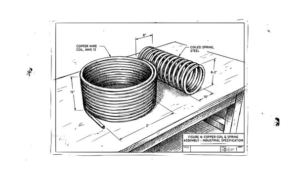Industrial blueprint specification of copper wire coil and steel spring assembly sketch