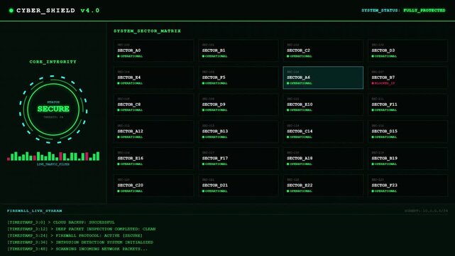 Cyber Shield Sector Matrix Firewall Protection Dashboard Animation Green Security Loop.