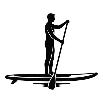 Man standing on a paddleboard with a paddle in hand on water surface icon