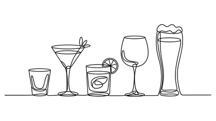 Continuous single line drawing of various alcoholic drinks including beer glass wine glass martini and cocktail glasses © Joya