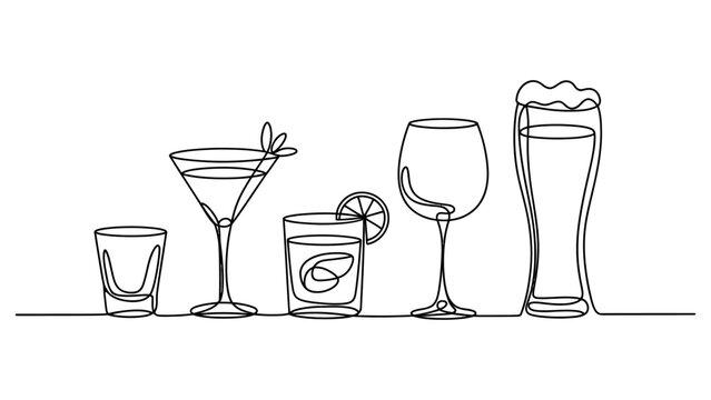 Continuous single line drawing of various alcoholic drinks including beer glass wine glass martini and cocktail glasses