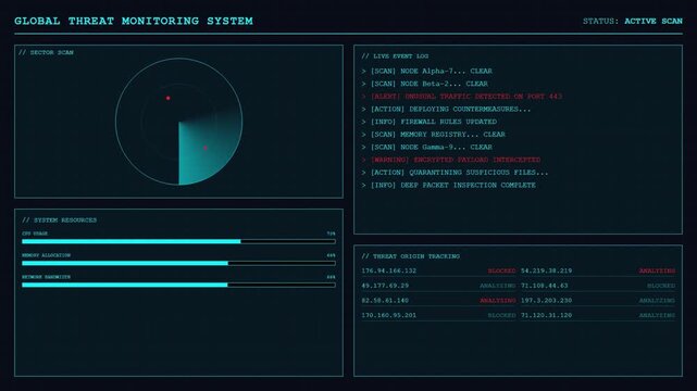 Global Threat Monitoring System Active Scan Radar Dashboard Animation Cyan Cyber Loop.