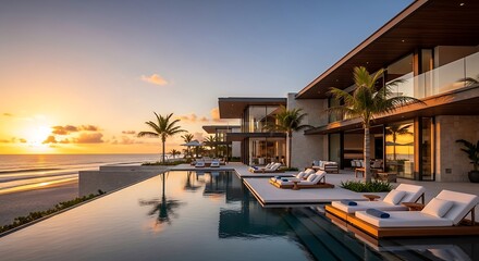 Fototapeta premium Luxury villa with infinity pool at sunset by the tropical ocean beach