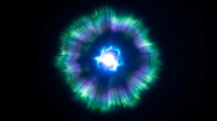 Vibrant cosmic explosion featuring glowing green and purple nebular gases swirling around a brilliant white star center in the deep dark expanse of outer space © Graphixa