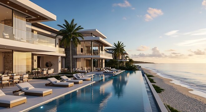 Luxury modern beach villa with infinity pool and palm trees at sunset