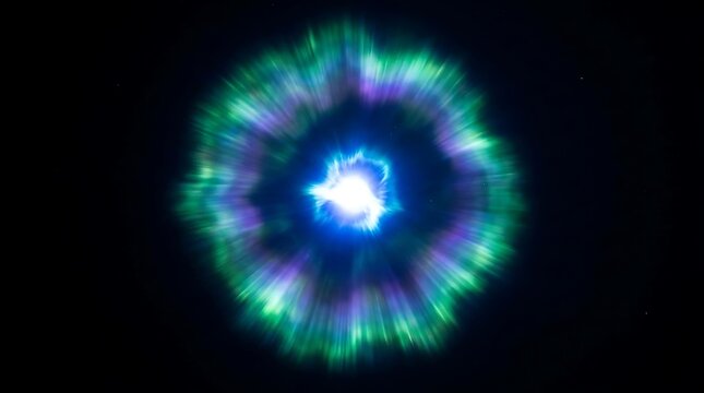 Vibrant cosmic explosion featuring glowing green and purple nebular gases swirling around a brilliant white star center in the deep dark expanse of outer space