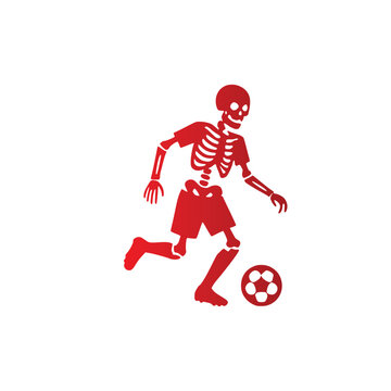 Spooky Halloween dead skeleton bone character playing soccer football running and dribbling the ball red solid silhouette vector graphic icon for festive athletic design