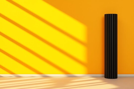 Minimalist Black Vase with Vertical Grooves Standing on Orange Floor with Yellow Wall and Shadow Patterns