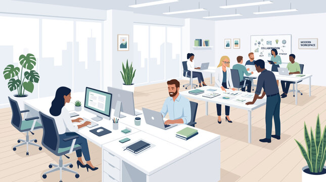 Modern Office Interior with Diverse Team, Business Meeting, and Workspace