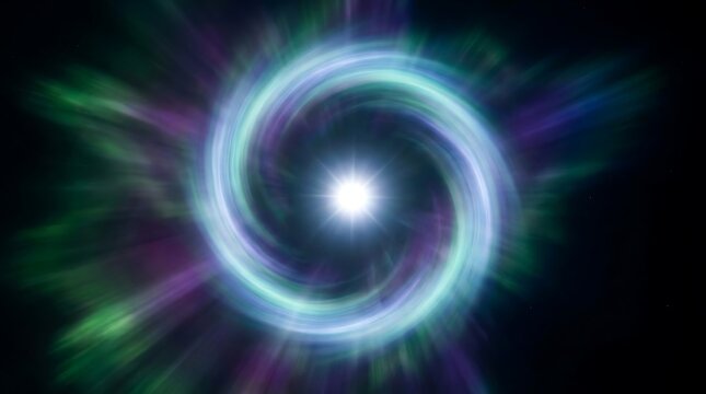 Vibrant glowing cosmic vortex spinning with intense light rays and swirling nebula clouds in deep space captured in a high resolution digital art style illustration