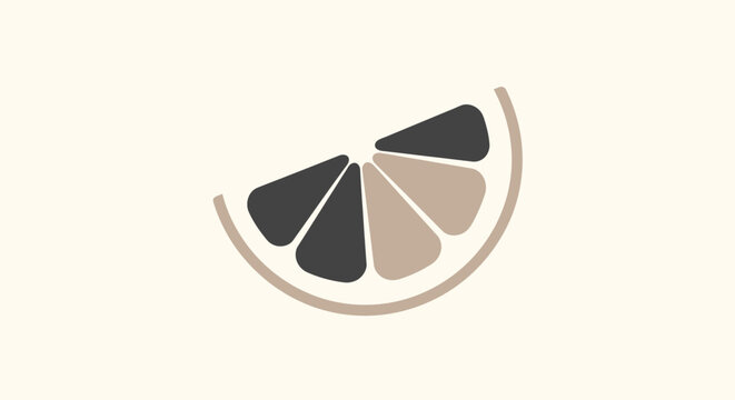 A minimalist graphic design of a citrus fruit slice with dark and light segments on a light background.
