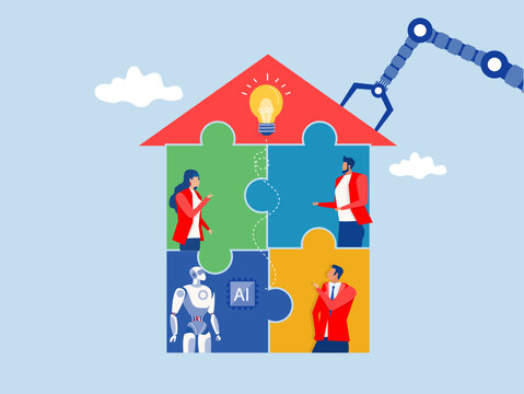 ai AI, Artificial Intelligence,robot new joiner to connect jigsaw puzzle,New joiner to fill in team and solve problem, teamwork to get solution, put right man in the right job to fit job