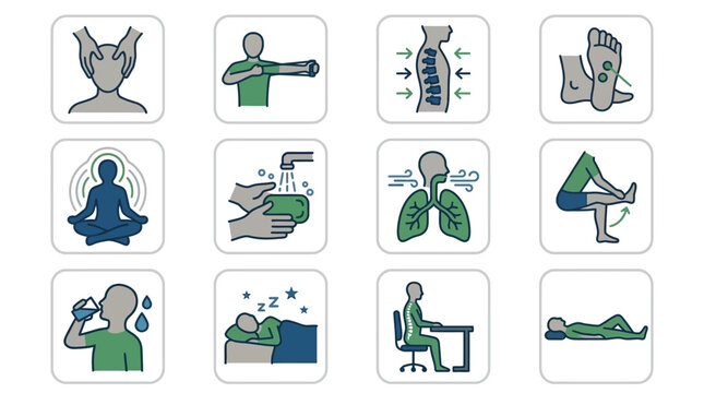 Minimalist Illustrations of Healthy Habits and Postures for Wellness and Ergonomics with high quality professional line art symbols for modern creative design and digital branding projects