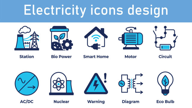 Electricity icon set. Containing smart home, EV car, solar, eco energy, transformer, circuit and more. Solid vector icons collection. Professional smart grid design.
