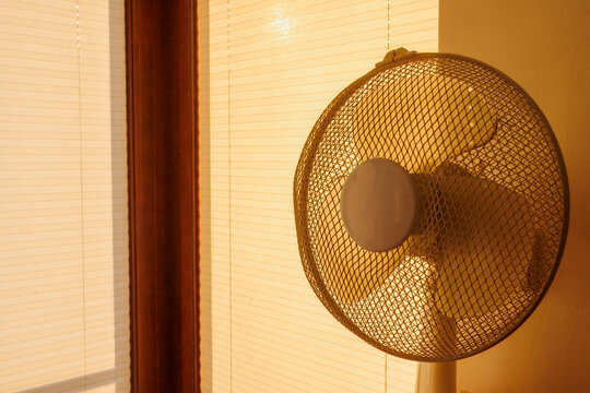 Electric fan ventilating a room on a hot summer morning.
