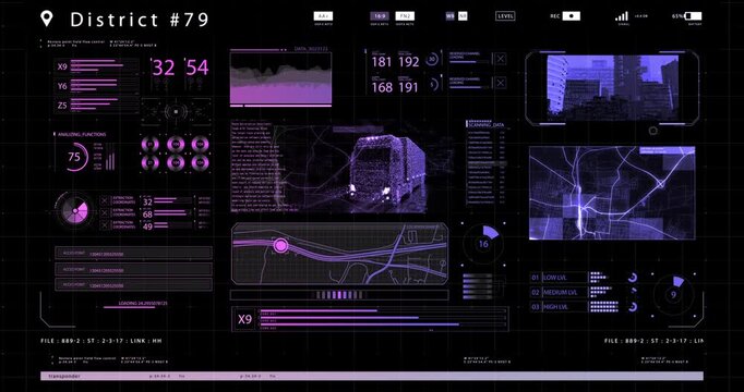 A futuristic purple HUD interface tracks a 3D truck scan over a city district map with coordinates and analytics on a dark screen.