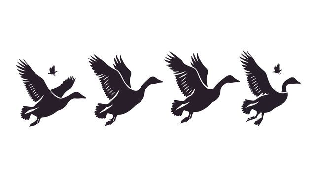 Vintage flying geese silhouettes, black waterfowl bird icons in flight, rustic wild goose vector set for hunting and nature logos