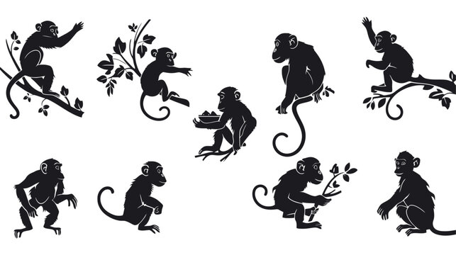 Vintage monkey silhouette collection, set of 9 hand drawn primate illustrations, black jungle animal vector graphics for nature design