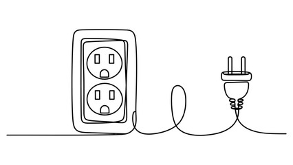 Obraz premium Continuous single line drawing of an electrical wall outlet with a plug and power cord
