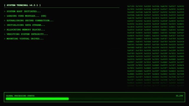 System Terminal Boot Sequence Hexadecimal Data Stream Dashboard Animation Green Code Loop.